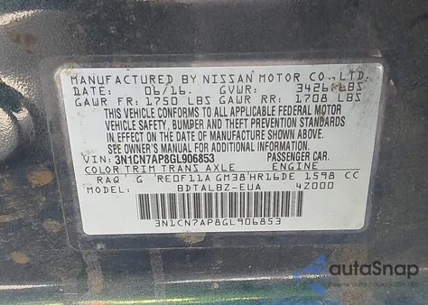 2016 Nissan Versa 1.6 Sv from USA, damaged, VIN 3N1CN7AP8GL906853